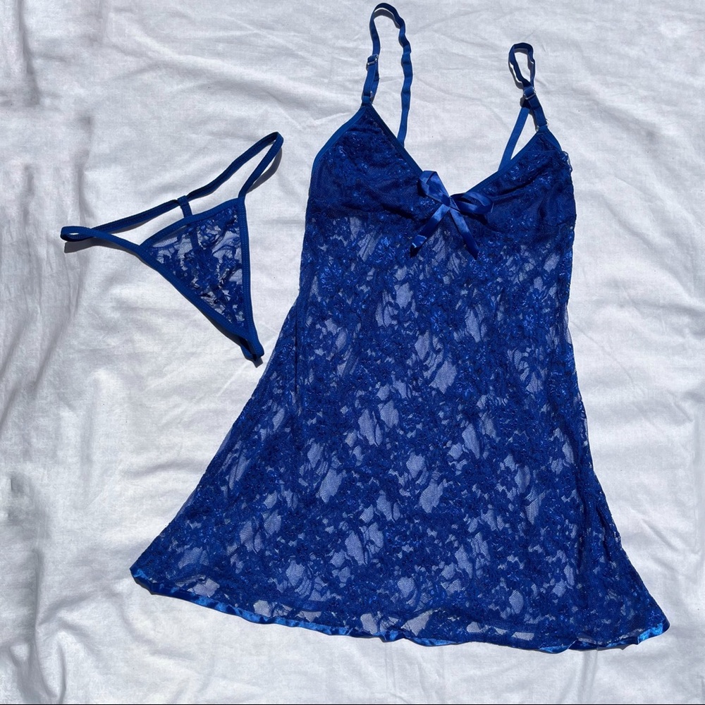 Blue Lace Chemise & Thong Set